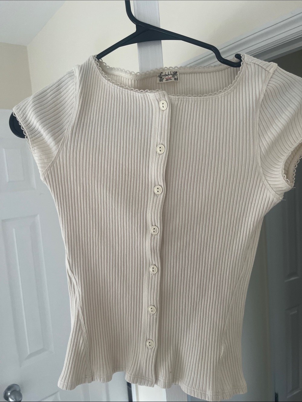 Free People Cream Ribbed Button-Front Cap Sleeve Top